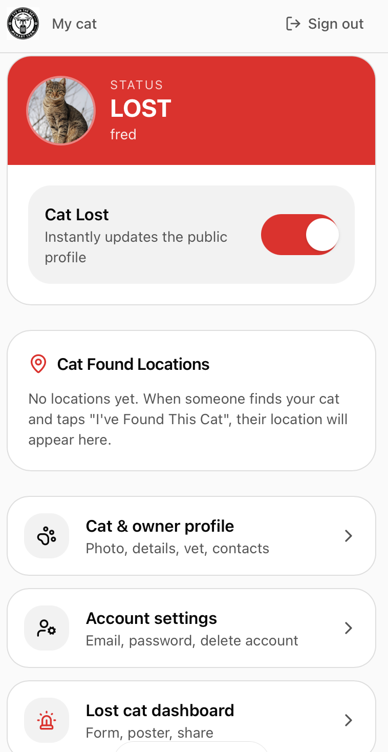 Cat owner dashboard showing status LOST with toggle and found locations