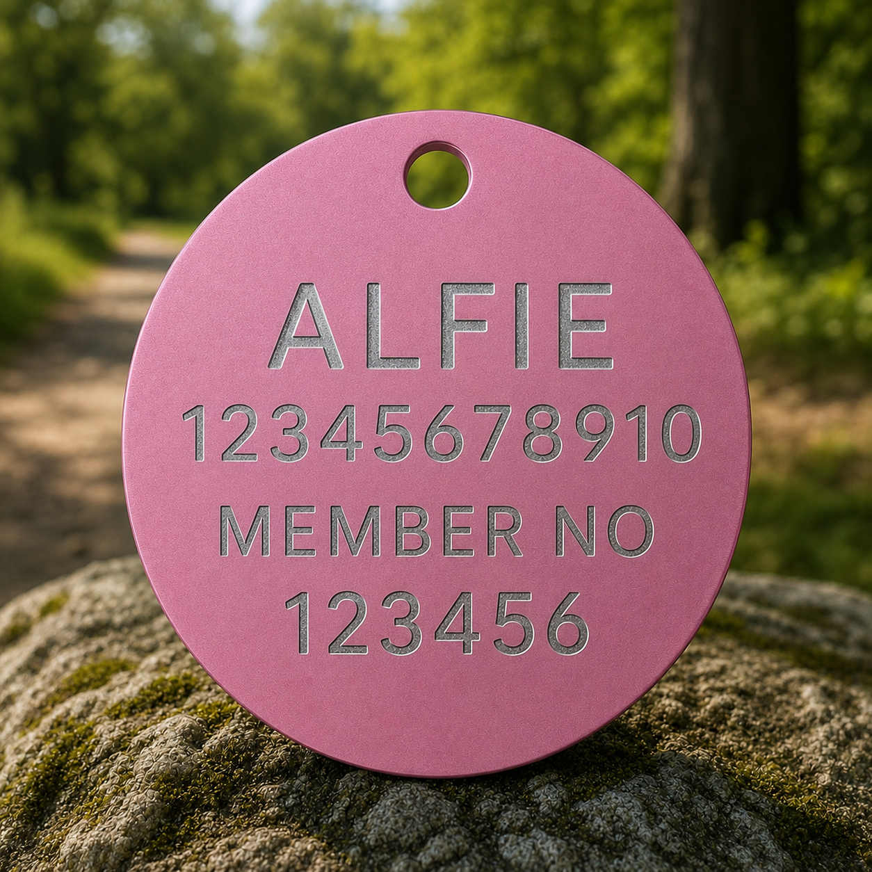 Pink Eye In The Sky dog tag engraved with the dog's name, contact number and 6-digit member number