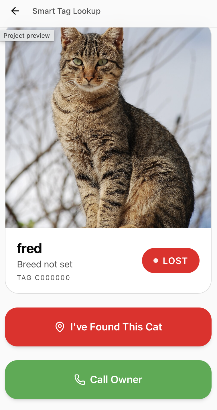 Public smart tag lookup page showing a lost cat with I've Found This Cat button