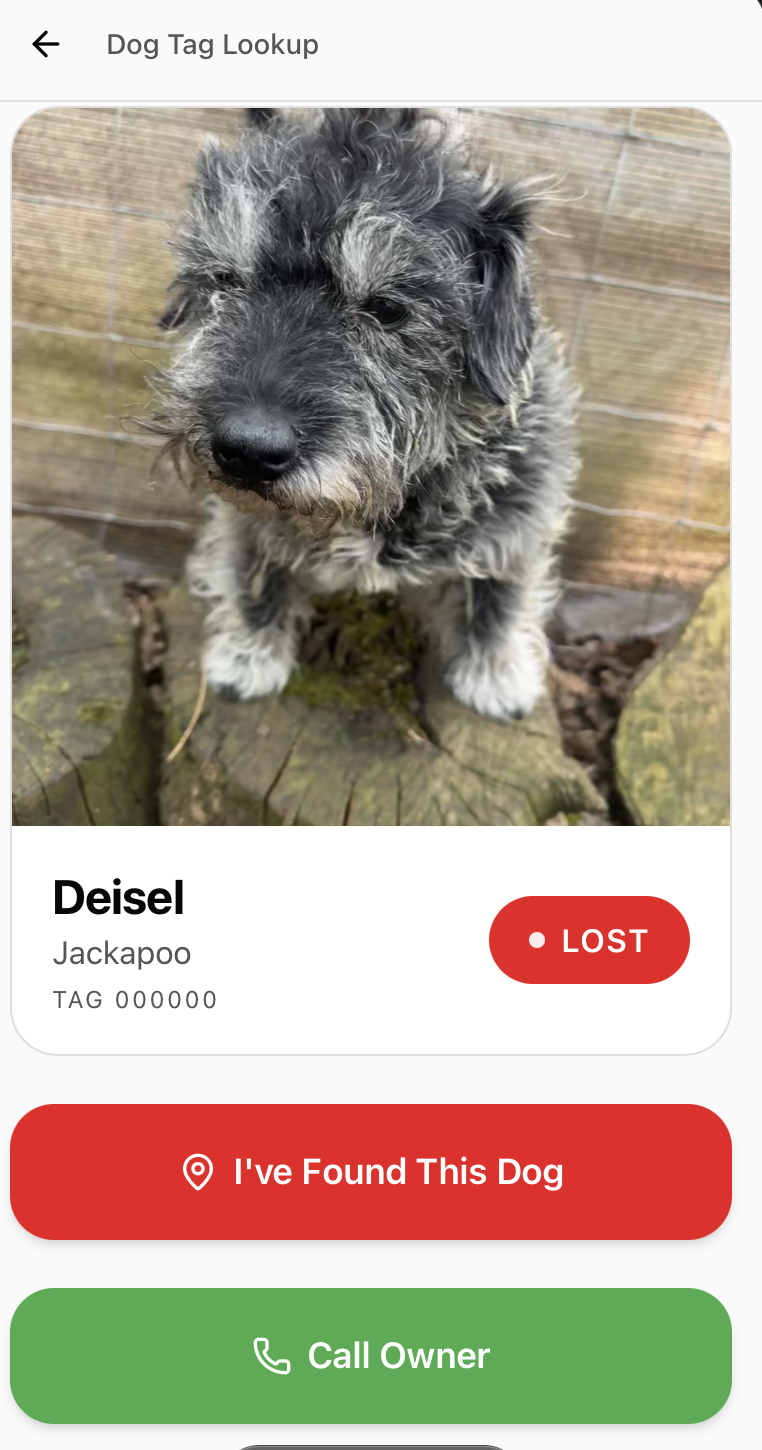 Public dog tag lookup page with I've Found This Dog button