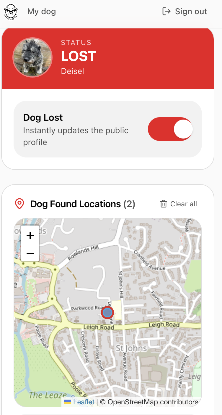 Live map showing where the dog was found