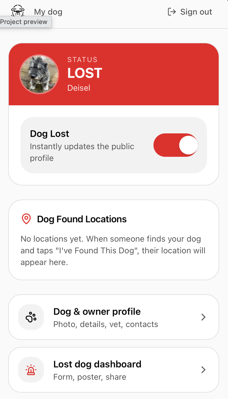 Owner dashboard showing dog status LOST with toggle