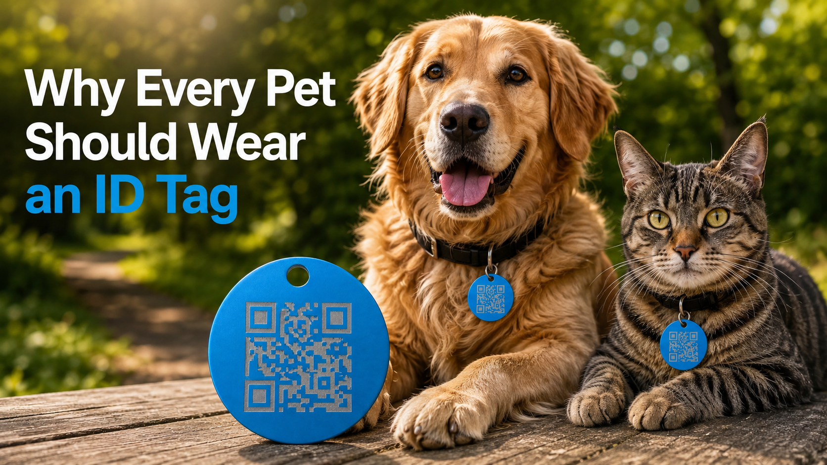 Golden retriever and tabby cat wearing blue QR code smart ID tags, beside a large blue Eye In The Sky Smart Tag